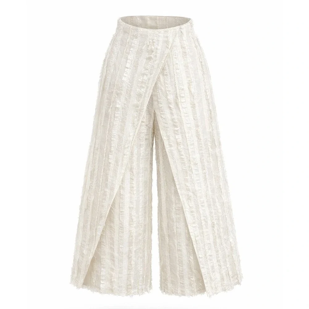 Thakoon White Silk Blend Cropped Faux Wrap‎ Fringe Pants Side Zip Closure